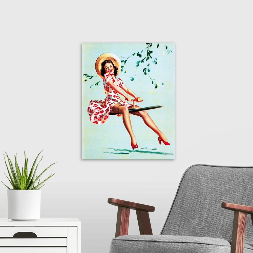 A modern room featuring Vintage 50's illustration of a young woman on a see-saw.