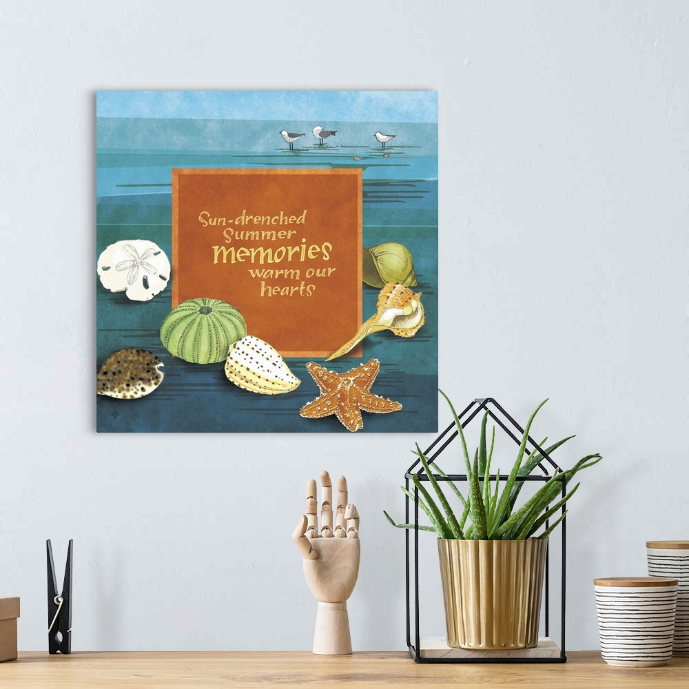 A bohemian room featuring "Sun-drenched summer memories warm our hearts," illustrated with several sea shells.