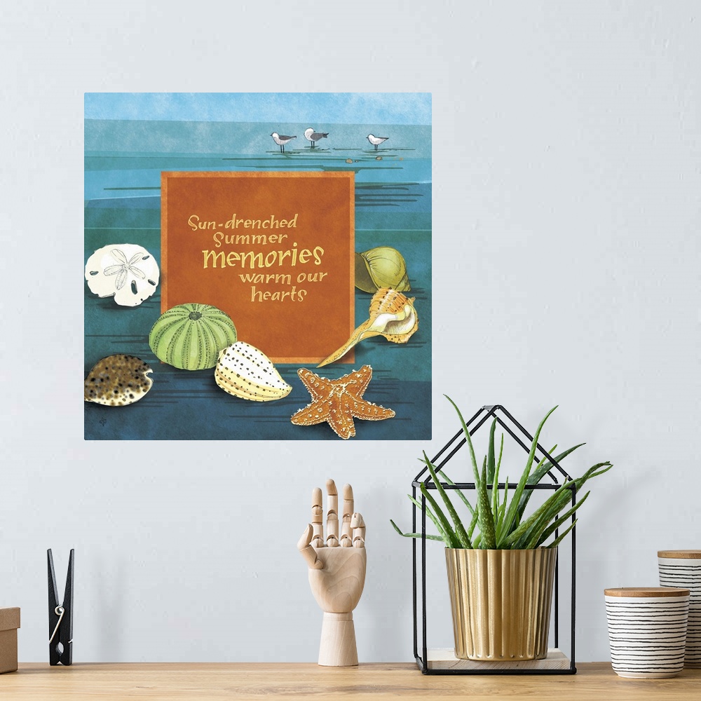 A bohemian room featuring "Sun-drenched summer memories warm our hearts," illustrated with several sea shells.