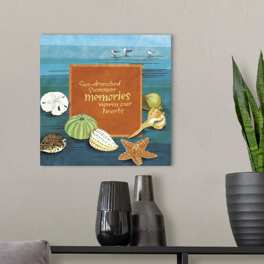 A modern room featuring "Sun-drenched summer memories warm our hearts," illustrated with several sea shells.