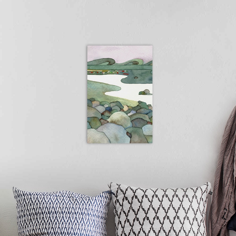 A bohemian room featuring Contemporary watercolor landscape painting featuring a river seen from a rocky shore, with hills ...