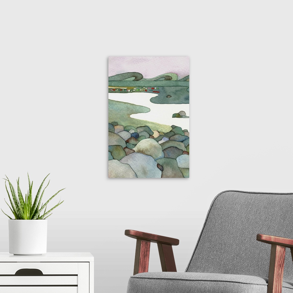 A modern room featuring Contemporary watercolor landscape painting featuring a river seen from a rocky shore, with hills ...