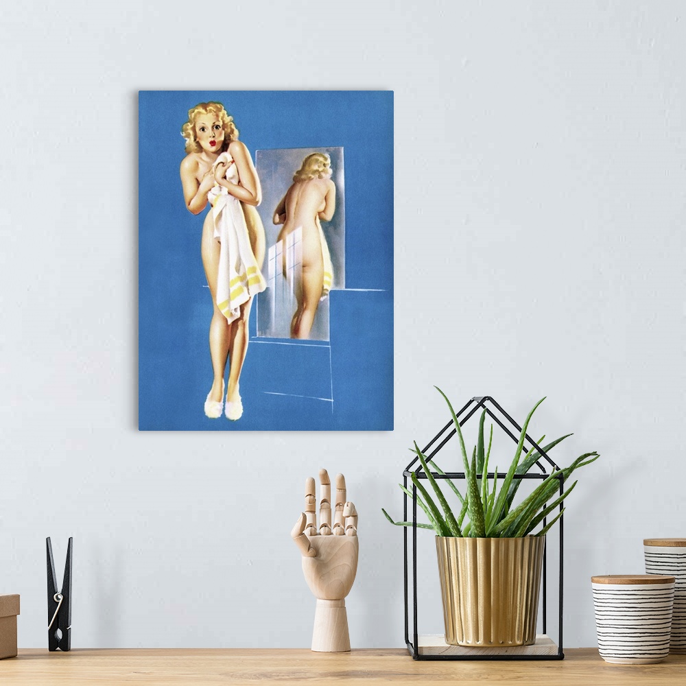 A bohemian room featuring Vintage 50's illustration of a young woman holding up a towel.