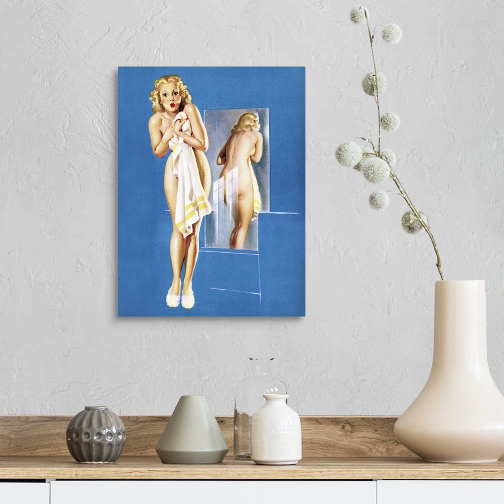 A farmhouse room featuring Vintage 50's illustration of a young woman holding up a towel.