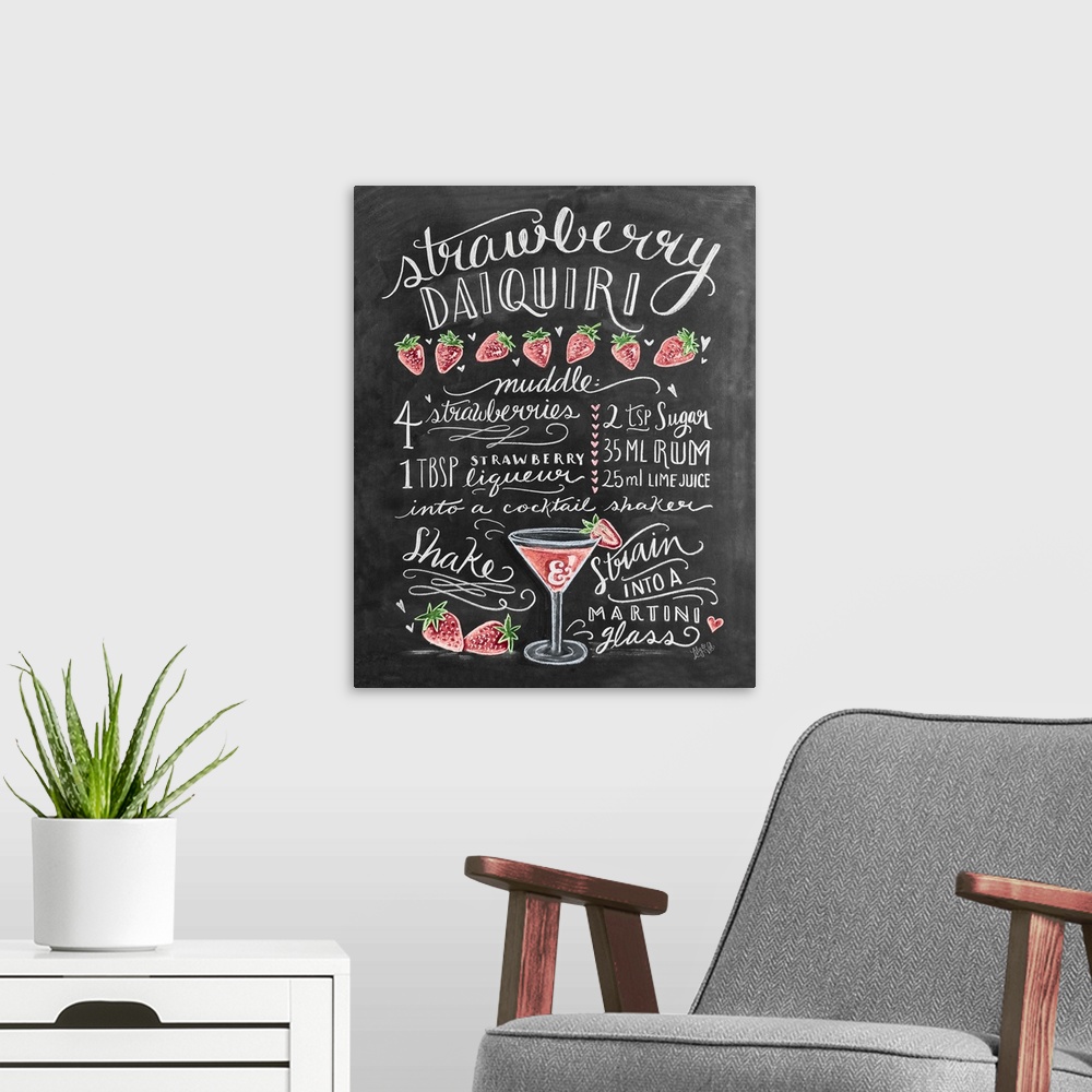 A modern room featuring Handlettered recipe for a Strawberry Daquiri cocktail with the appearance of a chalkboard drawing.