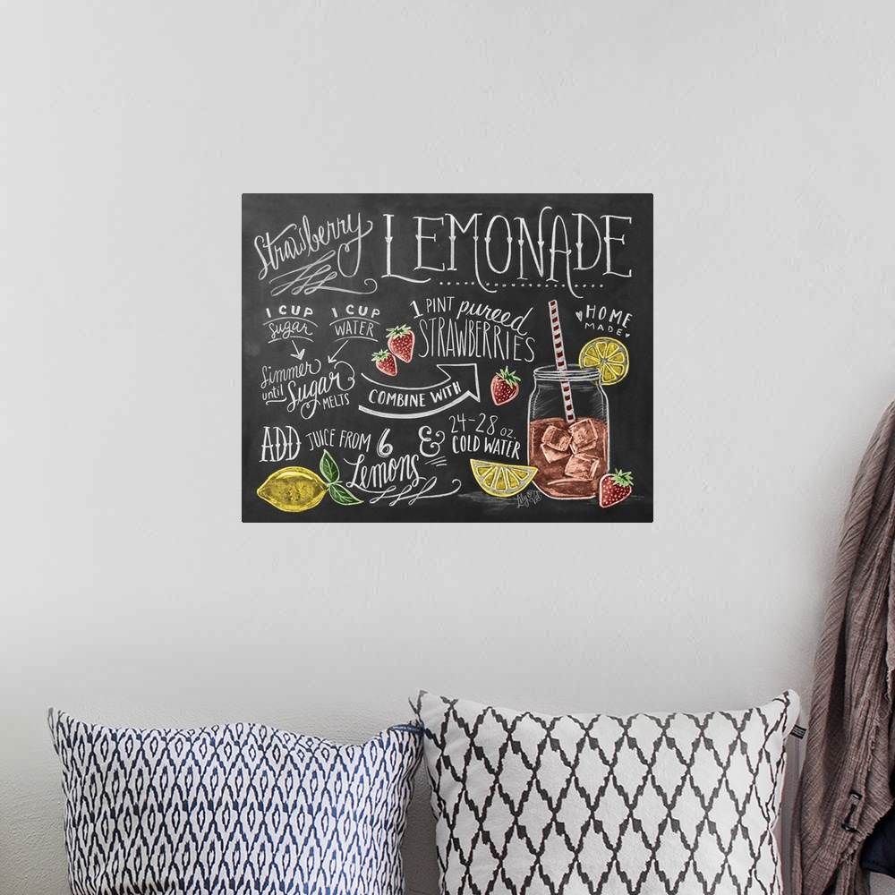 A bohemian room featuring Hand written and illustrated recipe for strawberry lemonade.