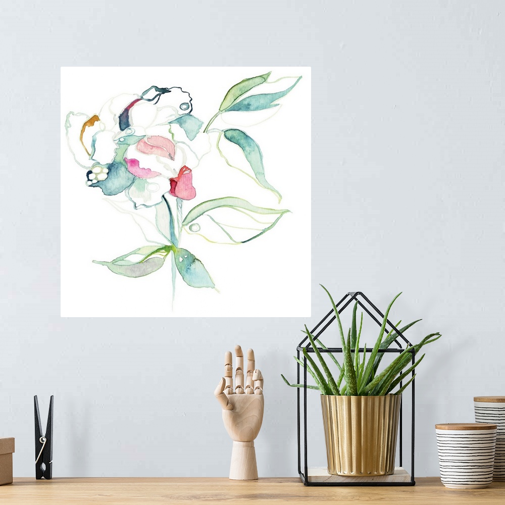 A bohemian room featuring Contemporary watercolor painting of a blooming flower with several leaves.