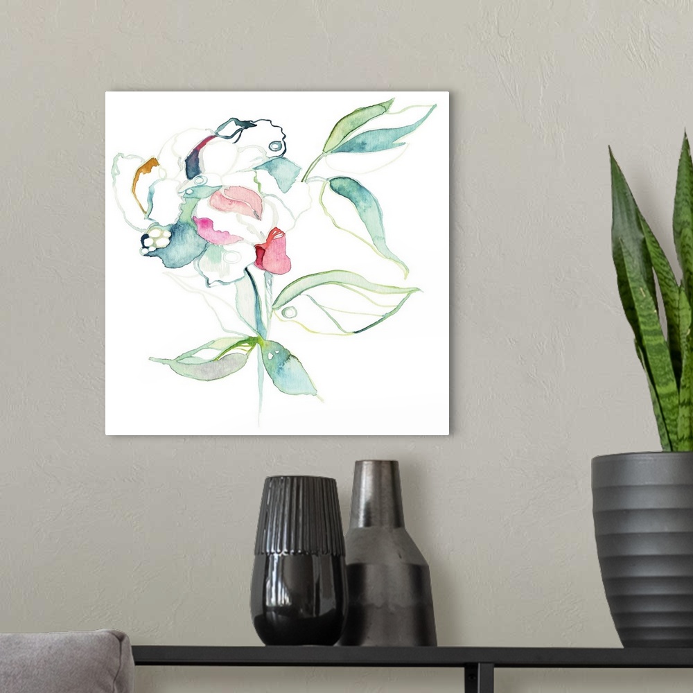 A modern room featuring Contemporary watercolor painting of a blooming flower with several leaves.