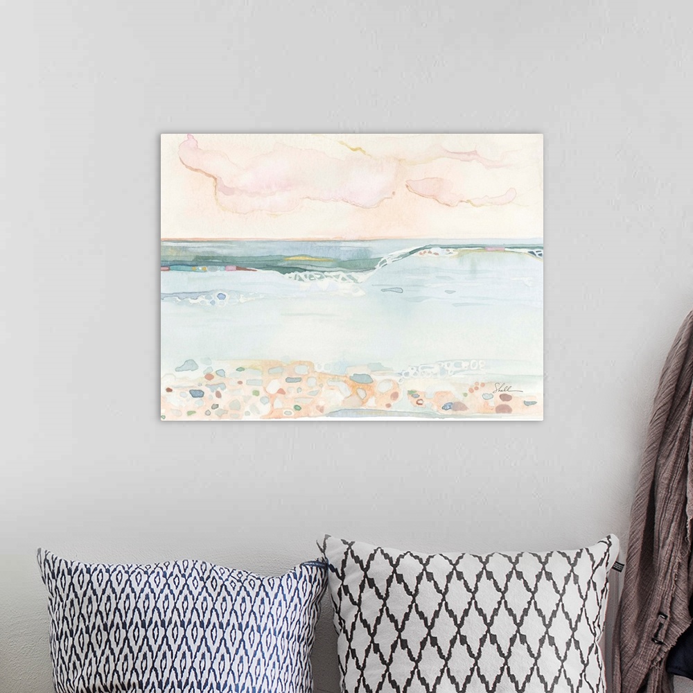 A bohemian room featuring Watercolor seascape painting of ocean, beach and sky
