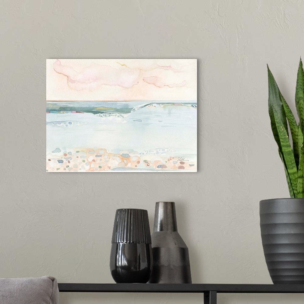 A modern room featuring Watercolor seascape painting of ocean, beach and sky
