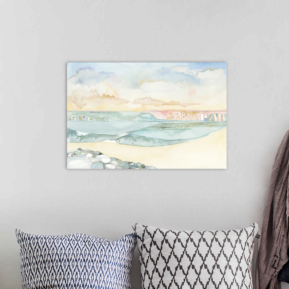 A bohemian room featuring Watercolor seascape painting of ocean, beach and sky