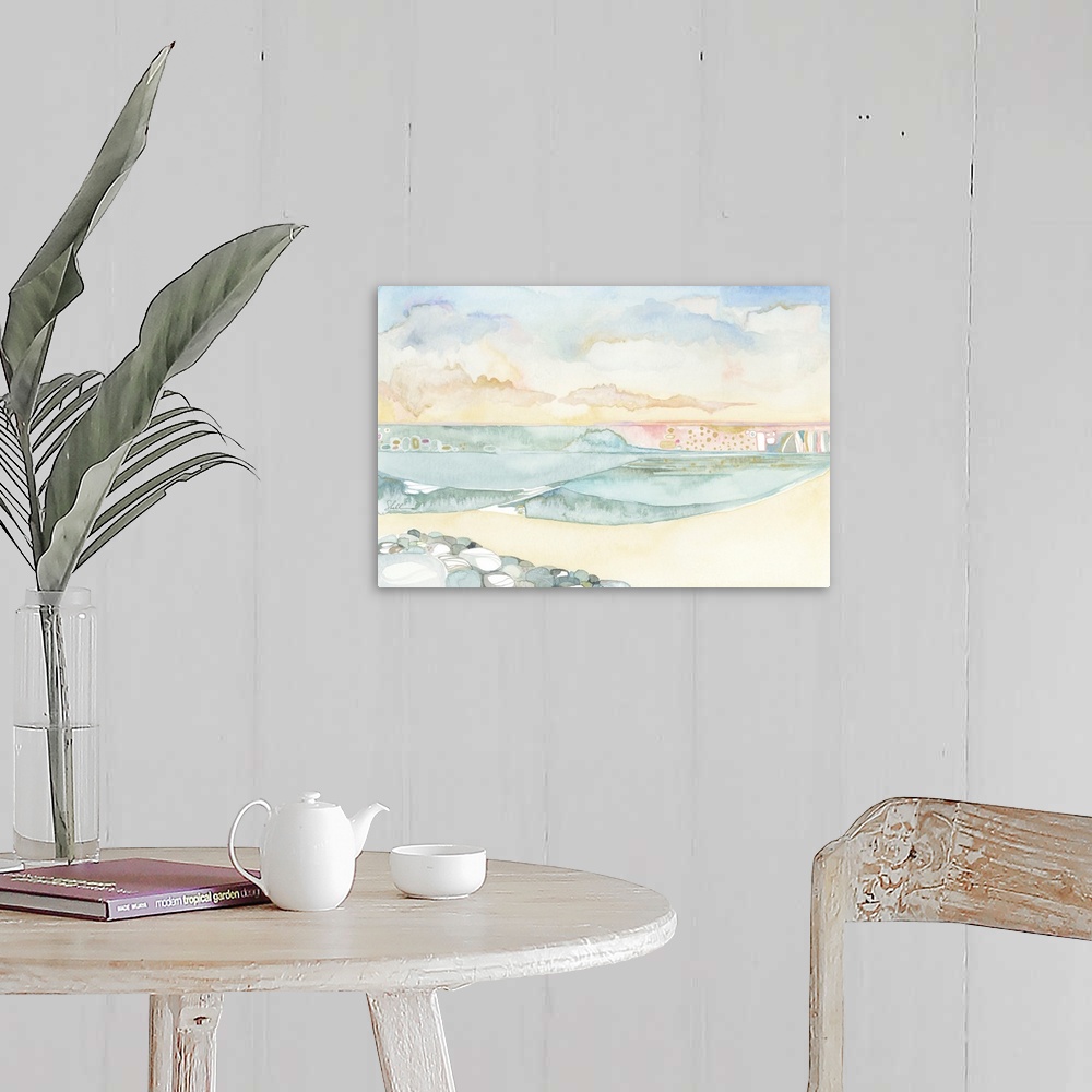A farmhouse room featuring Watercolor seascape painting of ocean, beach and sky