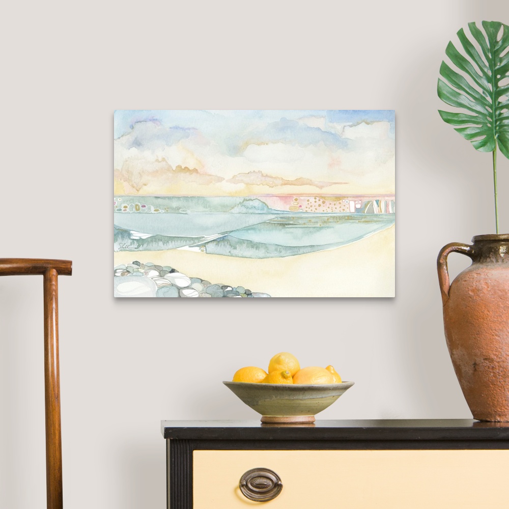 A traditional room featuring Watercolor seascape painting of ocean, beach and sky