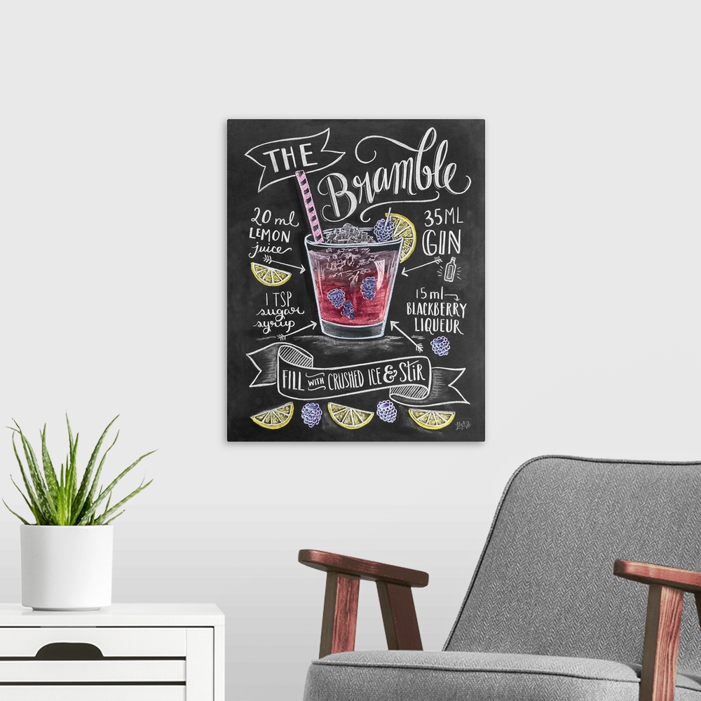 A modern room featuring Recipe for a mixed drink hand written and illustrated in chalk on a black background.