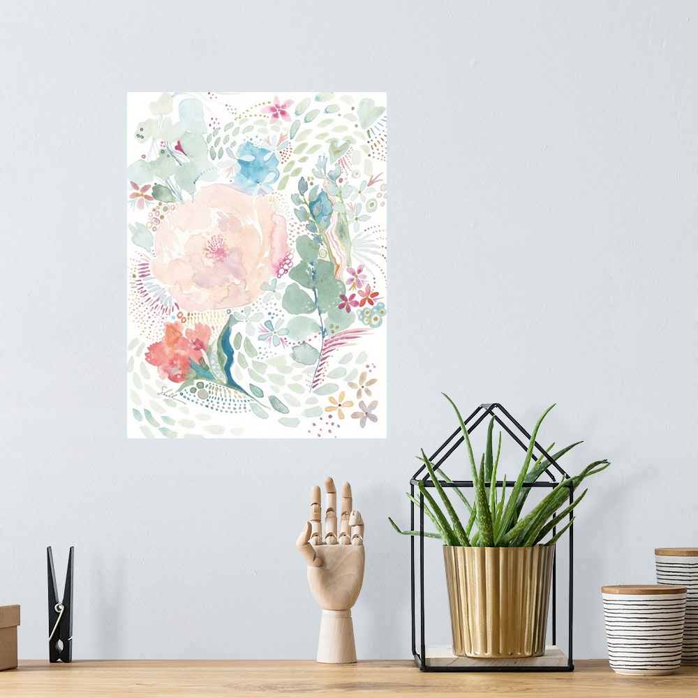 A bohemian room featuring Handpainted watercolor Floral Design with whimsical brush detailing
