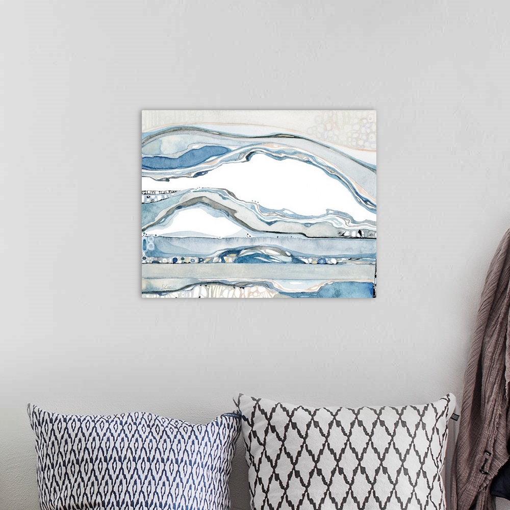 A bohemian room featuring Abstract organic watercolor painting of the tide line layers along the coastline