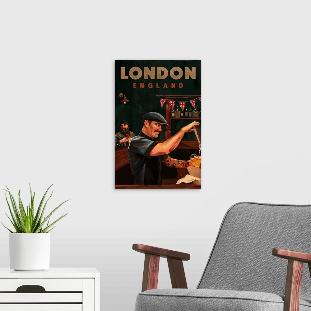 A modern room featuring Travel Poster London