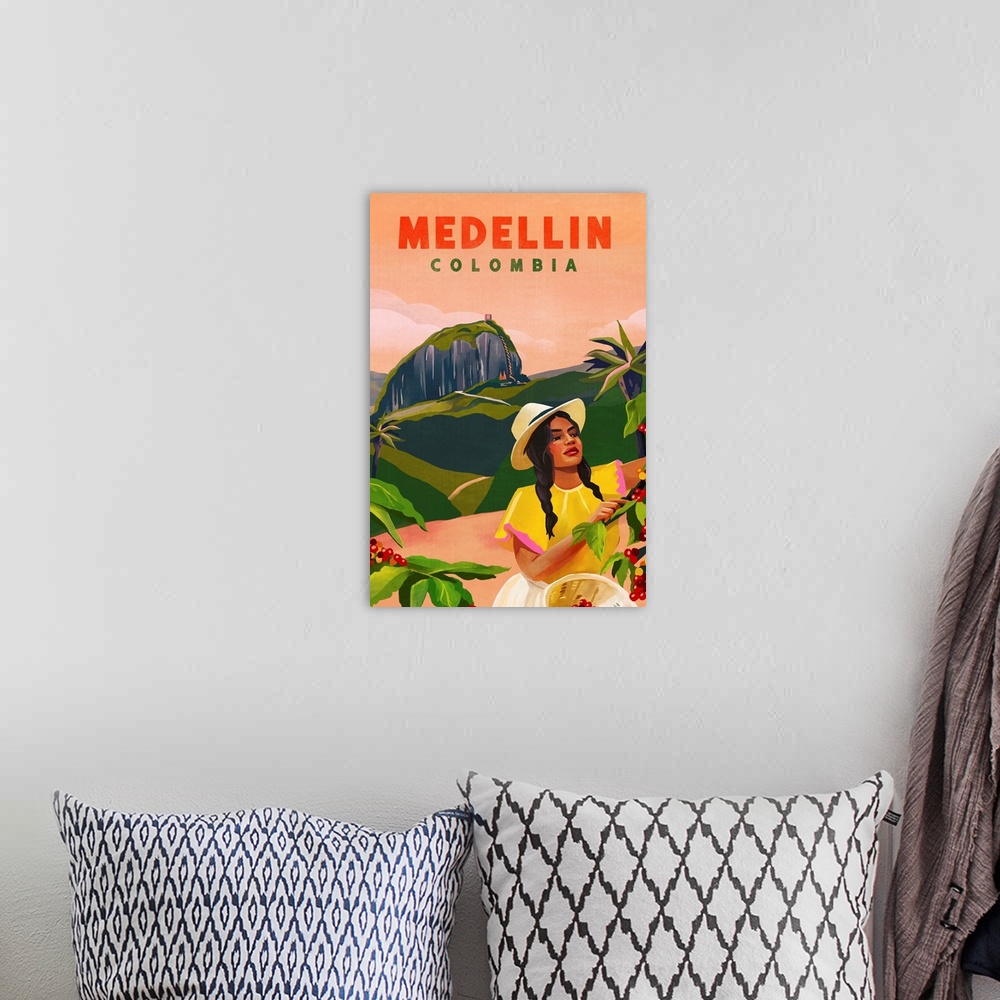 A bohemian room featuring Travel Poster Medellin