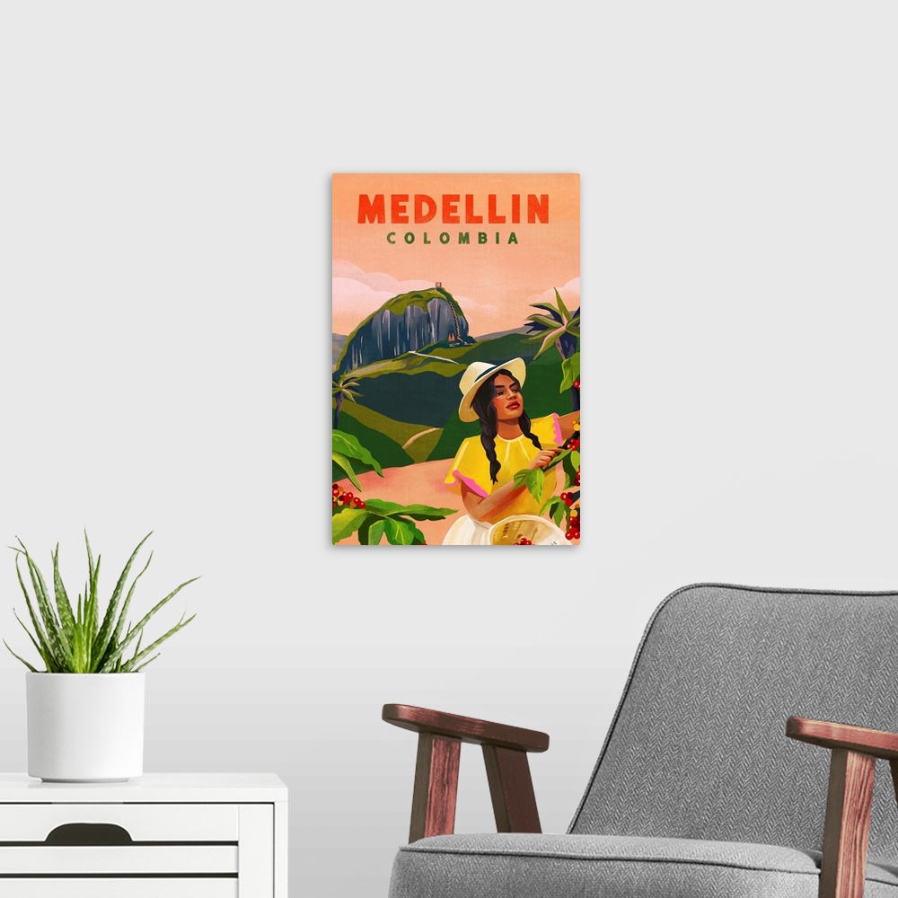 A modern room featuring Travel Poster Medellin
