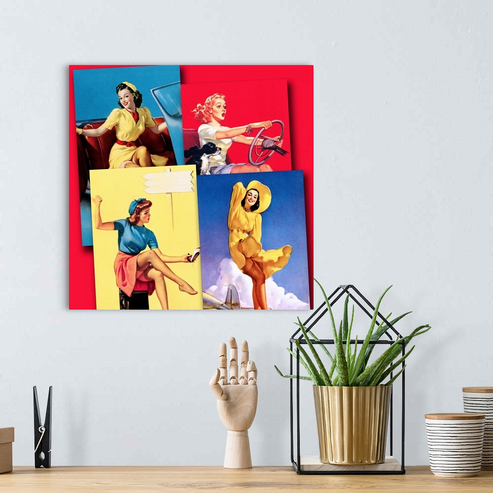 A bohemian room featuring Vintage 50's illustration of four young women traveling on the road.