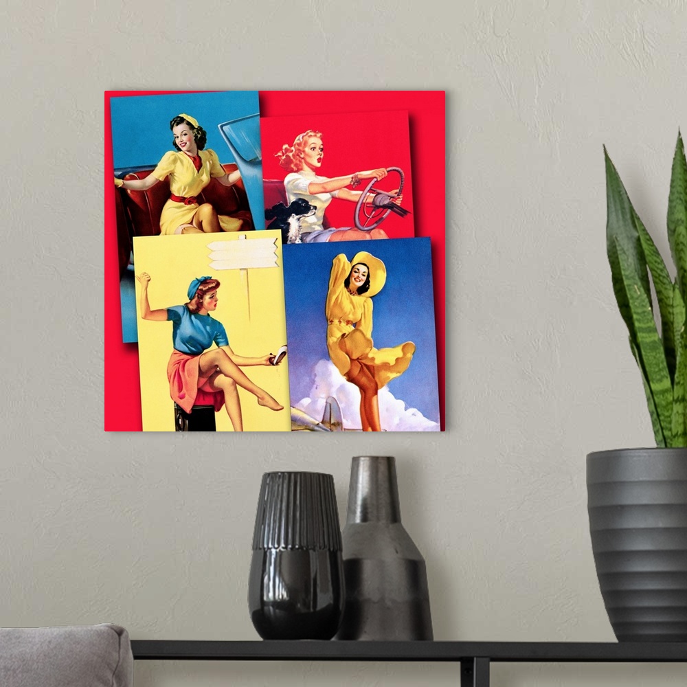 A modern room featuring Vintage 50's illustration of four young women traveling on the road.