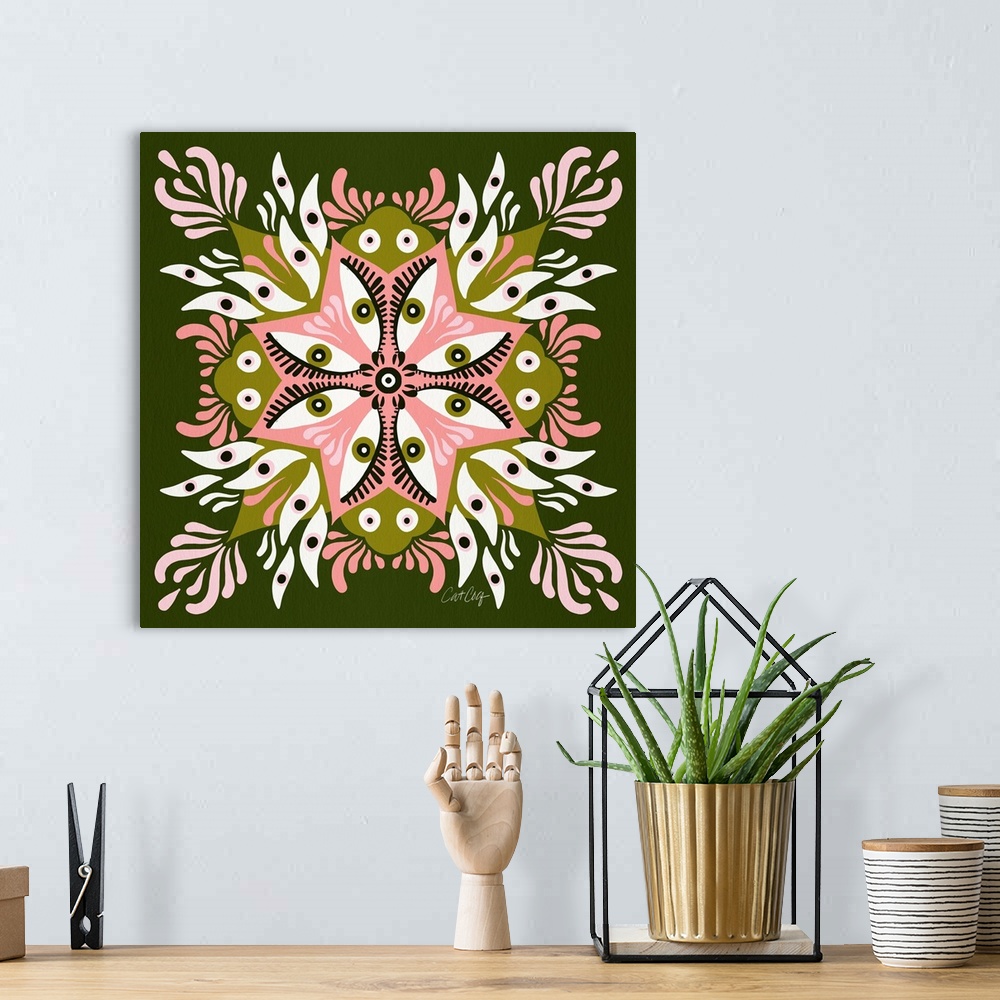 A bohemian room featuring Trippy Mandala - Sage Pink