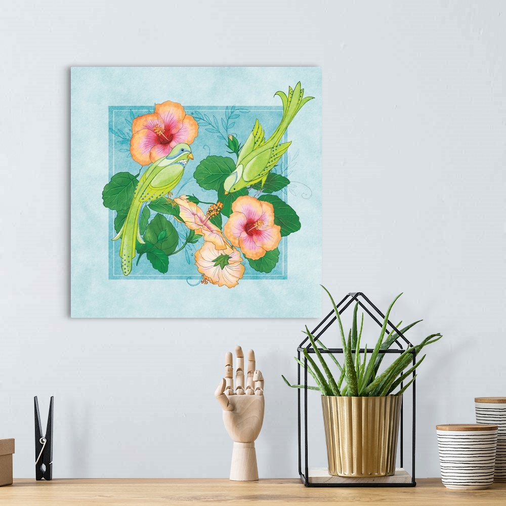 A bohemian room featuring Tropical scene with two green birds perched on hibiscus flowers.