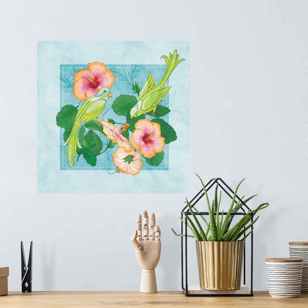 A bohemian room featuring Tropical scene with two green birds perched on hibiscus flowers.