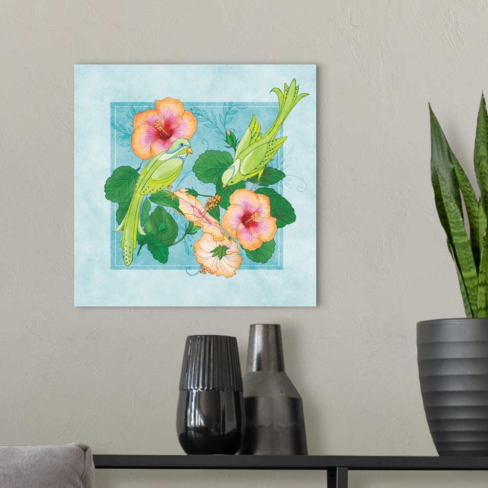 A modern room featuring Tropical scene with two green birds perched on hibiscus flowers.