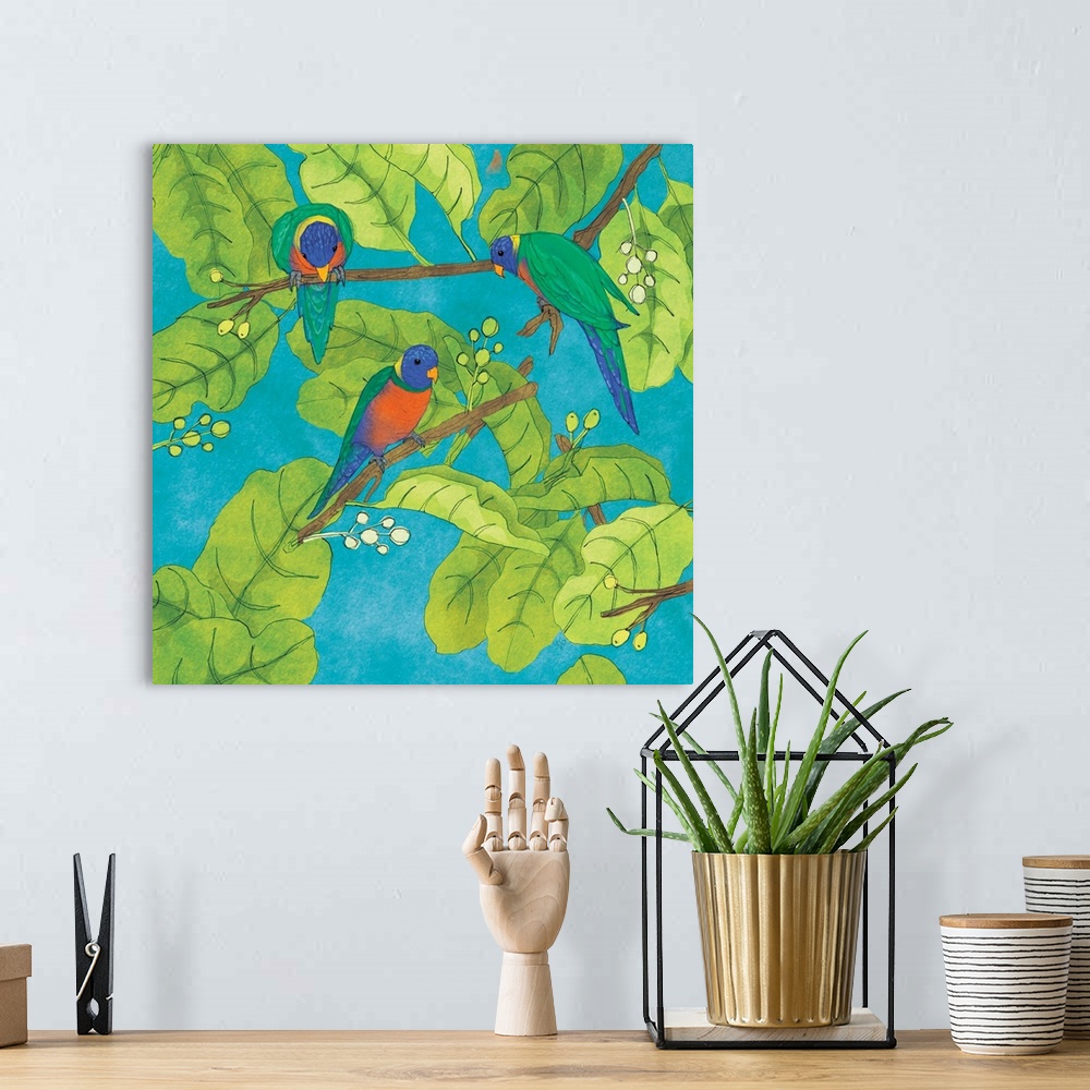 A bohemian room featuring Painting of three lorikeets in branches with large leaves.