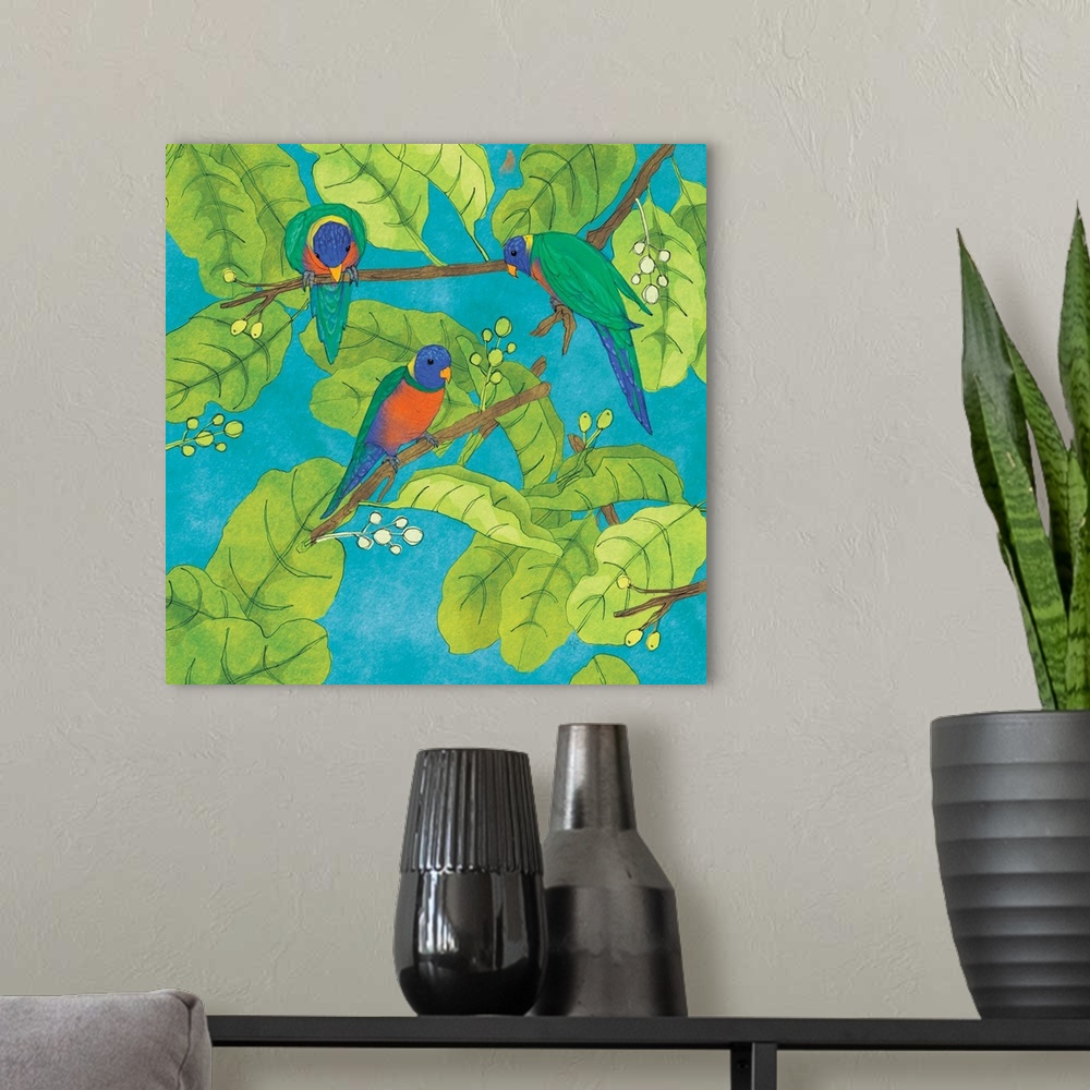 A modern room featuring Painting of three lorikeets in branches with large leaves.