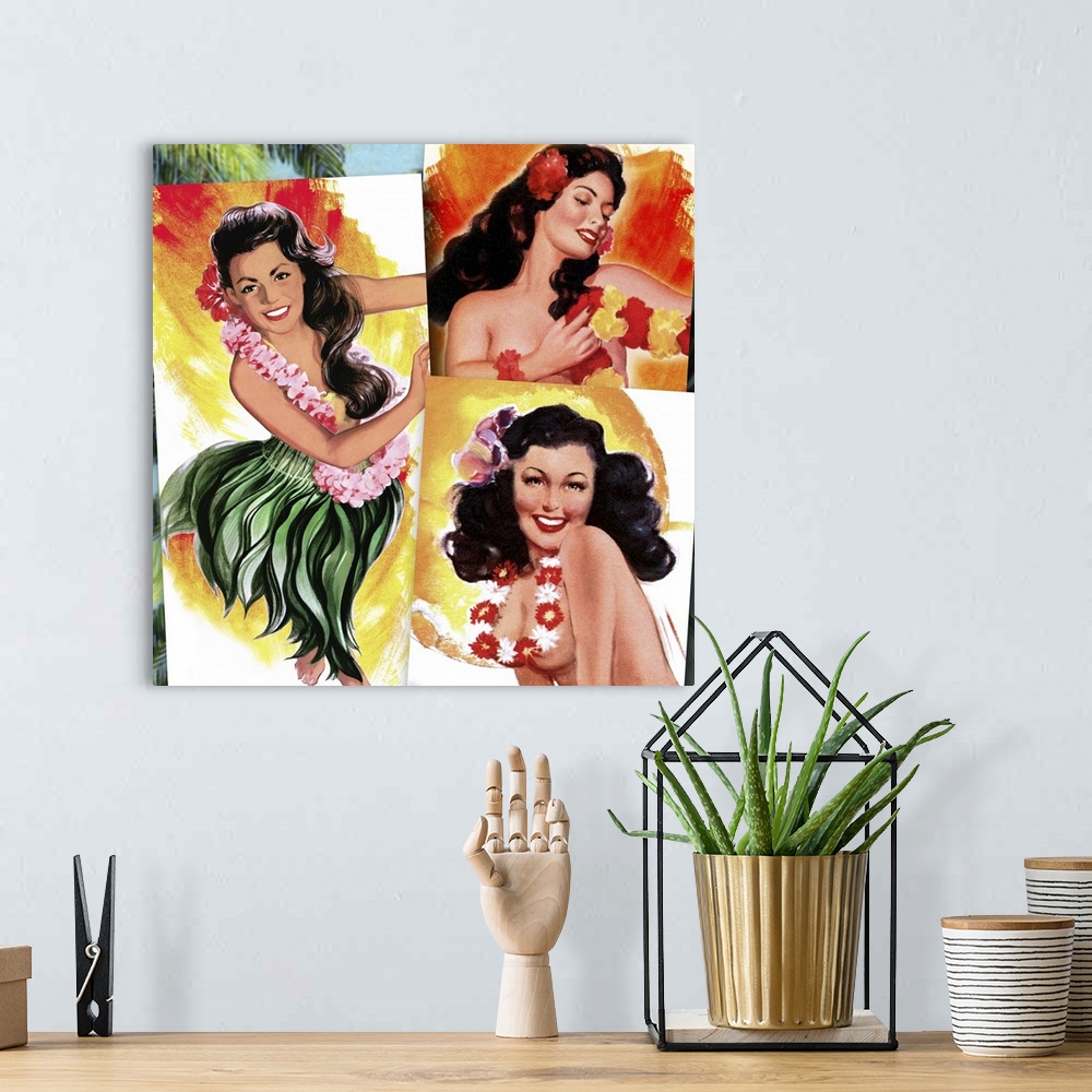 A bohemian room featuring Vintage 50's illustration of three young women wearing leis and grass skirts.