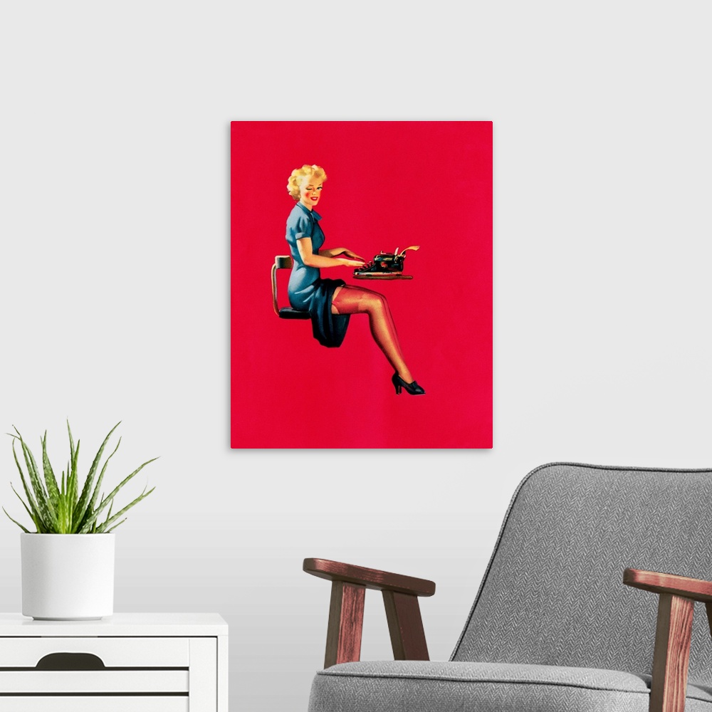 A modern room featuring Vintage 50's illustration of a young woman typing at a desk.