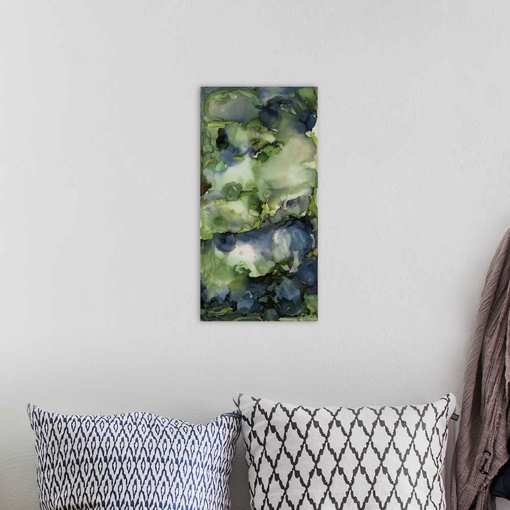 A bohemian room featuring Alchohol ink modern abstract painting in cerulean blue, green, gold, indigo