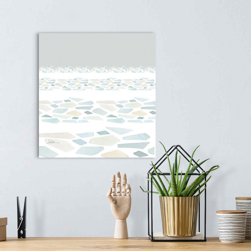 A bohemian room featuring Abstract organic watercolor of the ocean and beachglass