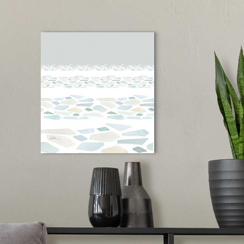 A modern room featuring Abstract organic watercolor of the ocean and beachglass