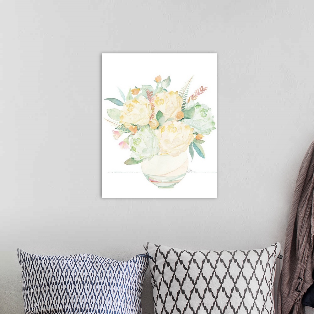 A bohemian room featuring Hand painted watercolor painting of abstracted flowers and leaves in a painted vase