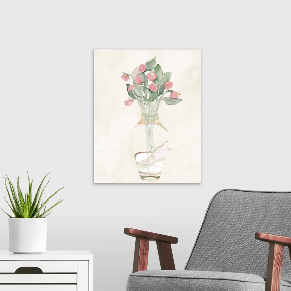A modern room featuring Hand painted watercolor painting of abstracted flowers and leaves in a painted vase