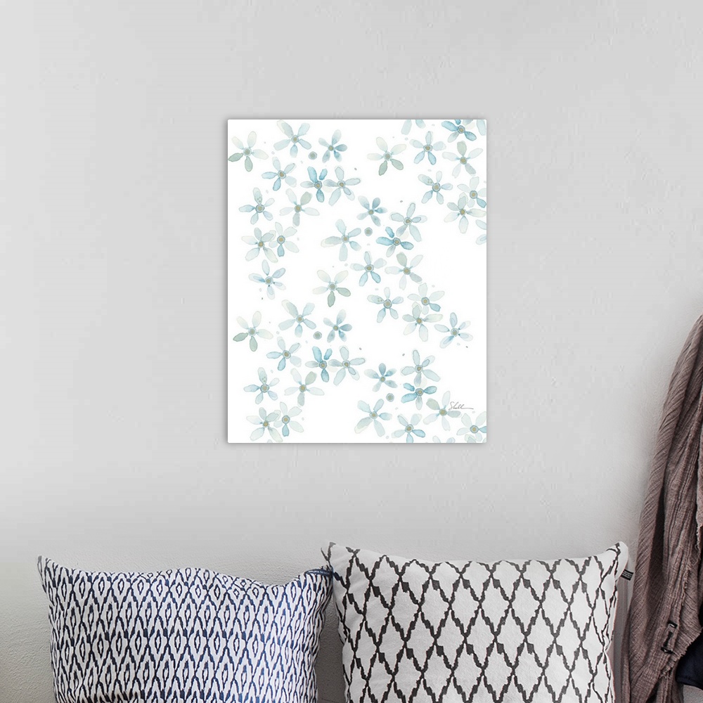 A bohemian room featuring Hand Painted delicate watercolor of forget me not flowers