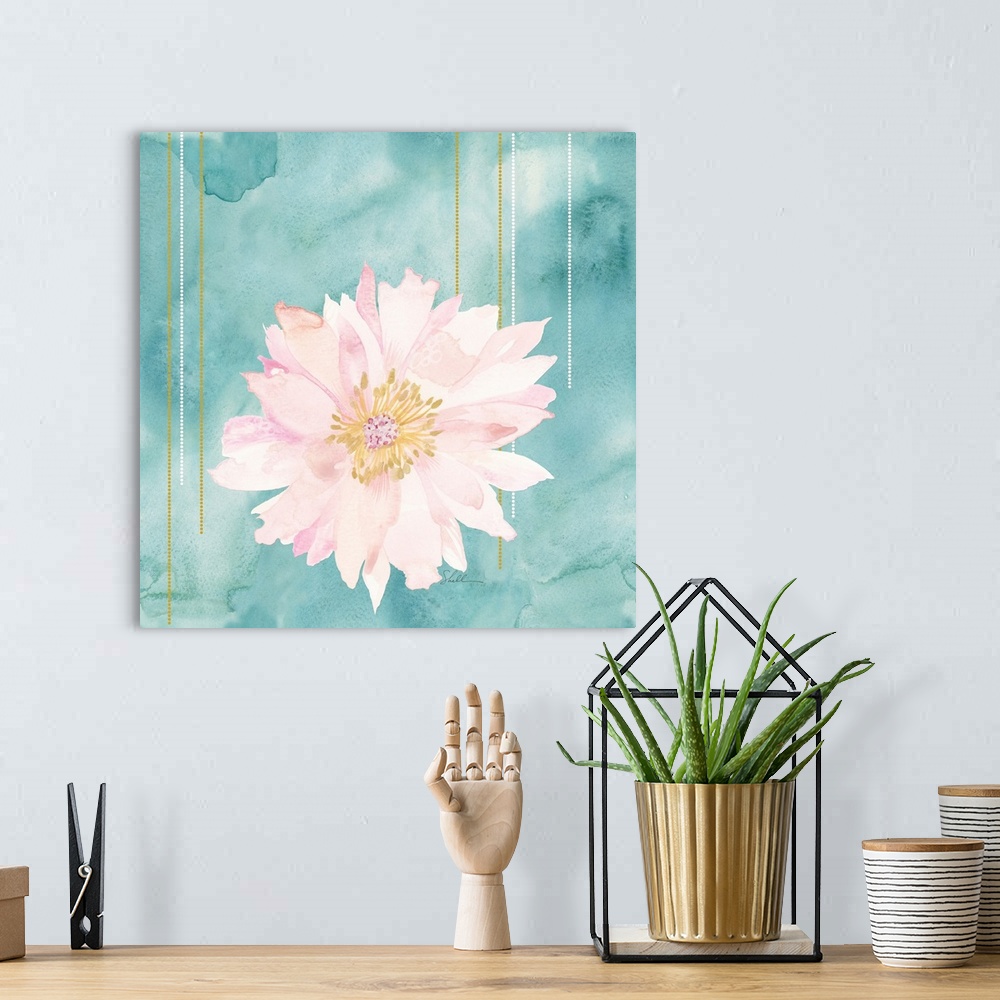 A bohemian room featuring Hand Painted watercolor of a pink flower with a watercolor background