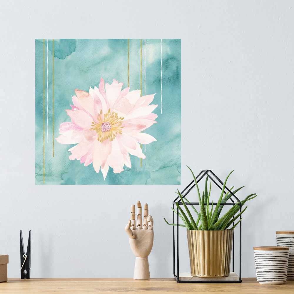 A bohemian room featuring Hand Painted watercolor of a pink flower with a watercolor background