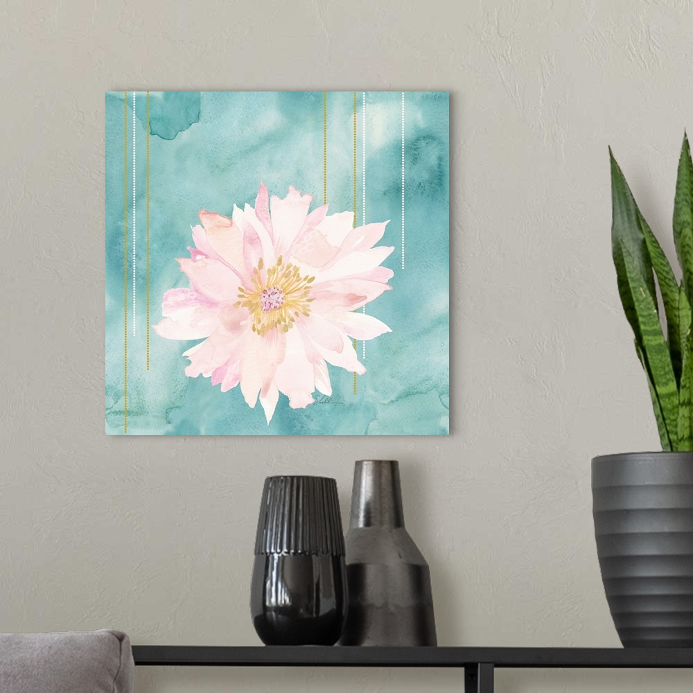 A modern room featuring Hand Painted watercolor of a pink flower with a watercolor background