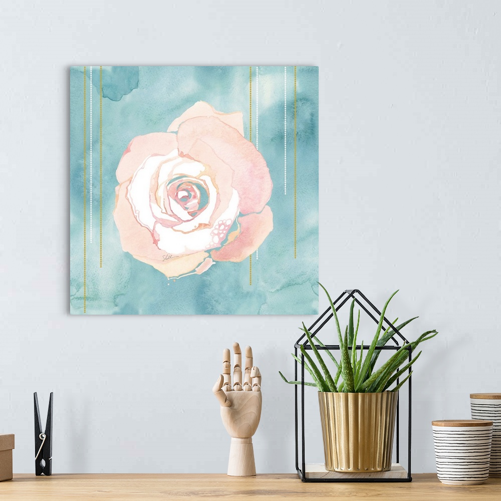 A bohemian room featuring Hand Painted watercolor of a pink rose with a watercolor background