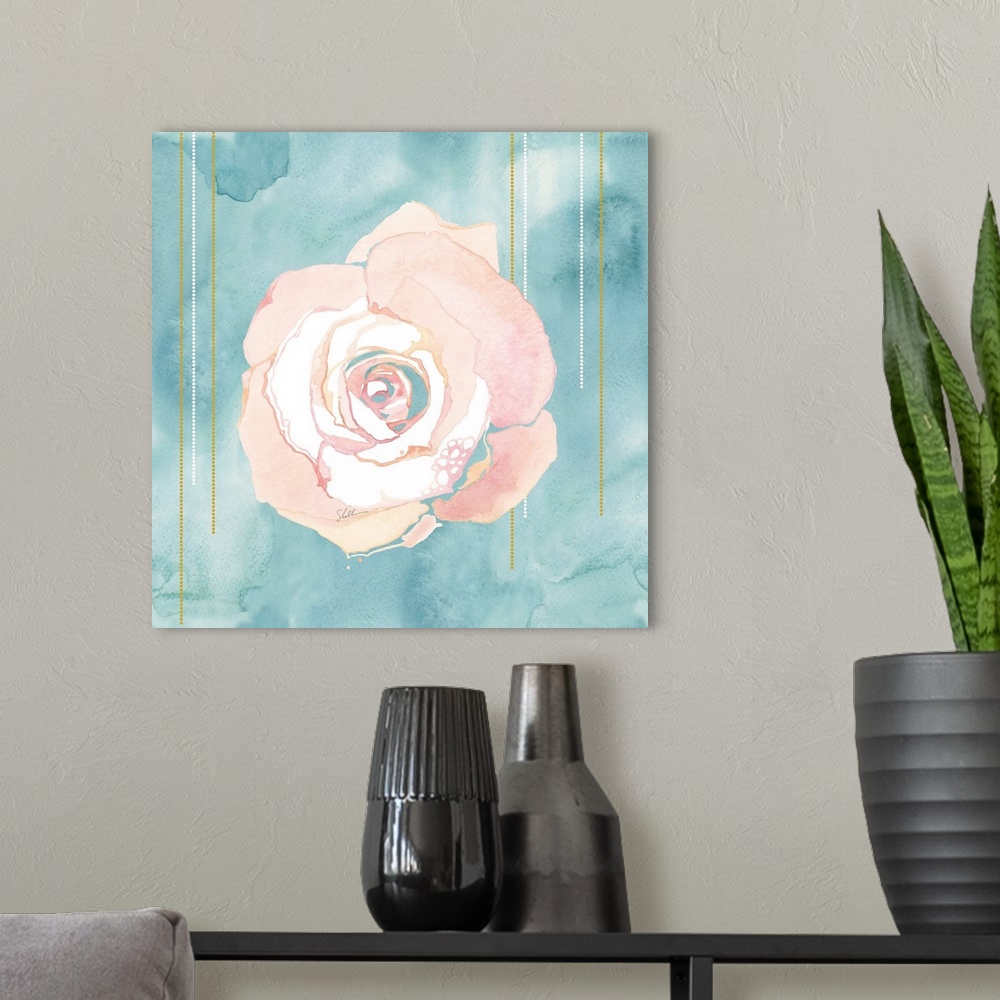 A modern room featuring Hand Painted watercolor of a pink rose with a watercolor background
