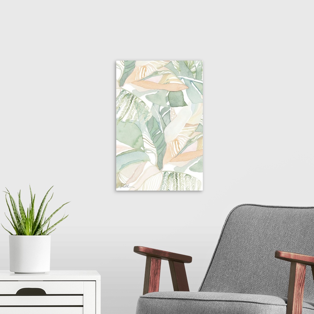 A modern room featuring Modern Abstract Tropical Foliage hand painted in Watercolors