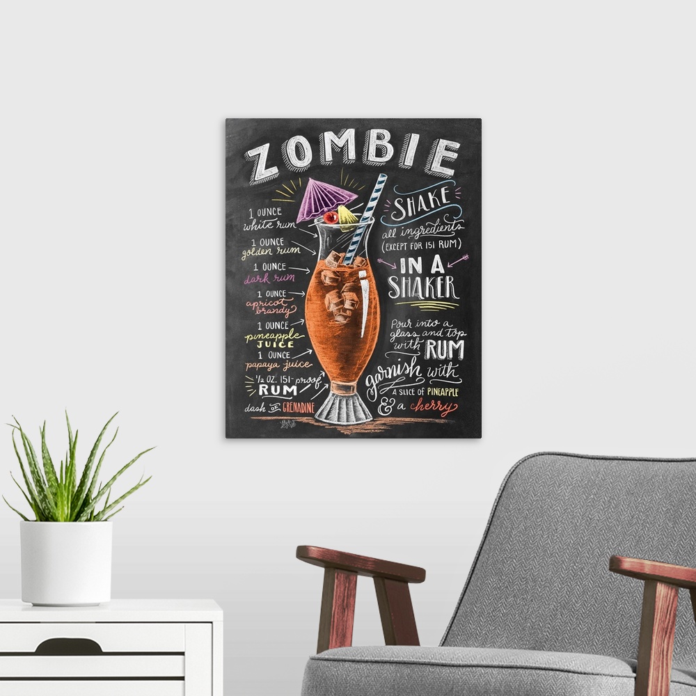 A modern room featuring Handlettered recipe for a Zombie cocktail with the appearance of a chalkboard drawing.