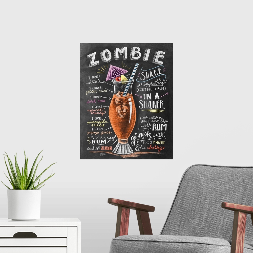 A modern room featuring Handlettered recipe for a Zombie cocktail with the appearance of a chalkboard drawing.