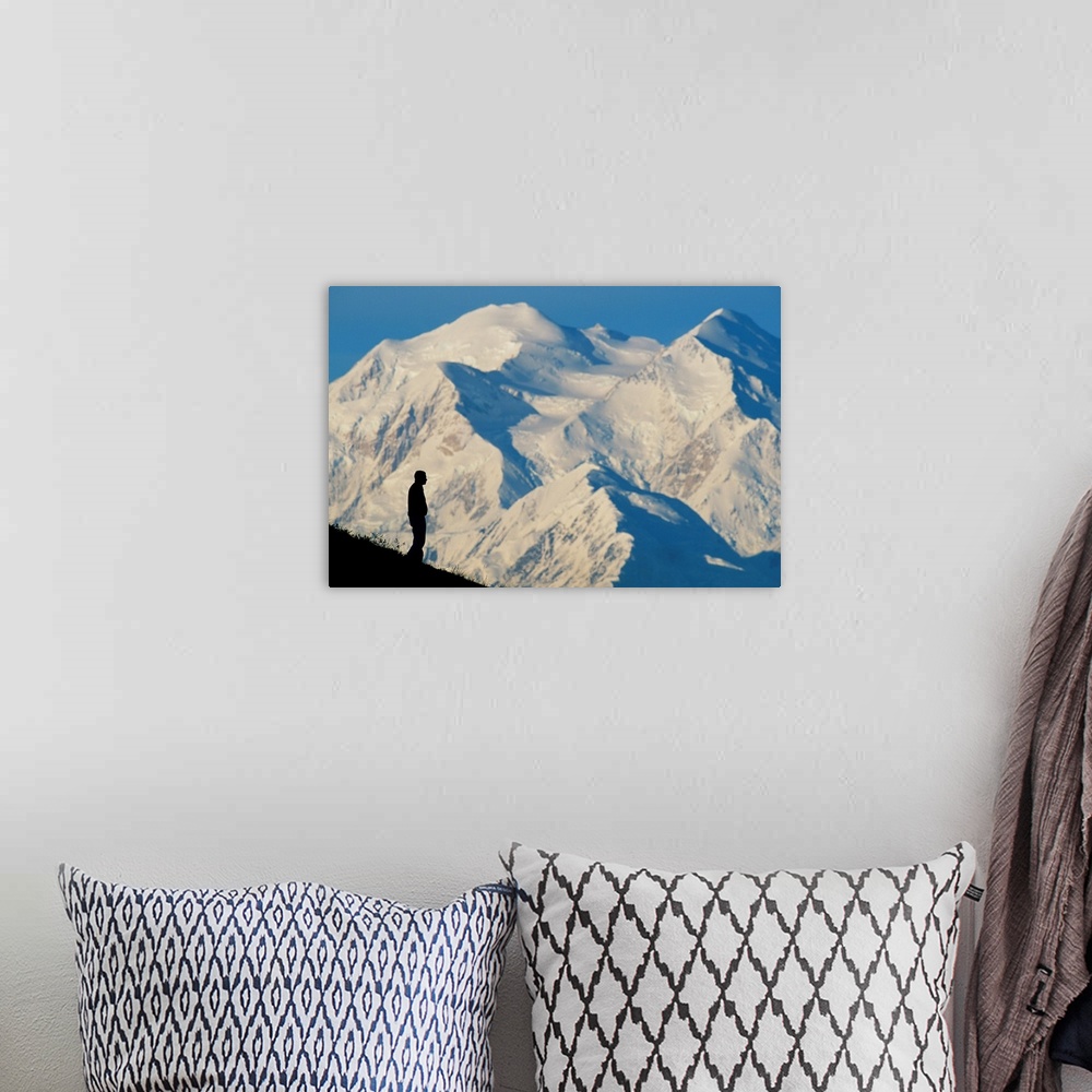 A bohemian room featuring A hiker silhouetted against snow-covered Mount McKinley, Denali National Park, Alaska
