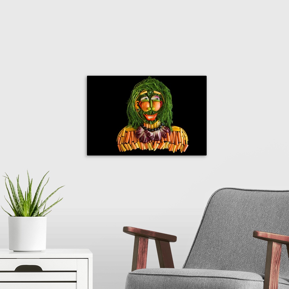 A modern room featuring A still life of a person made with fruits and vegetables.
