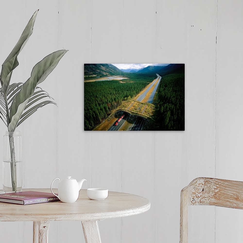 A farmhouse room featuring An overpass for wildlife spans the Trans Canada Highway in Banff, Alberta, Canada